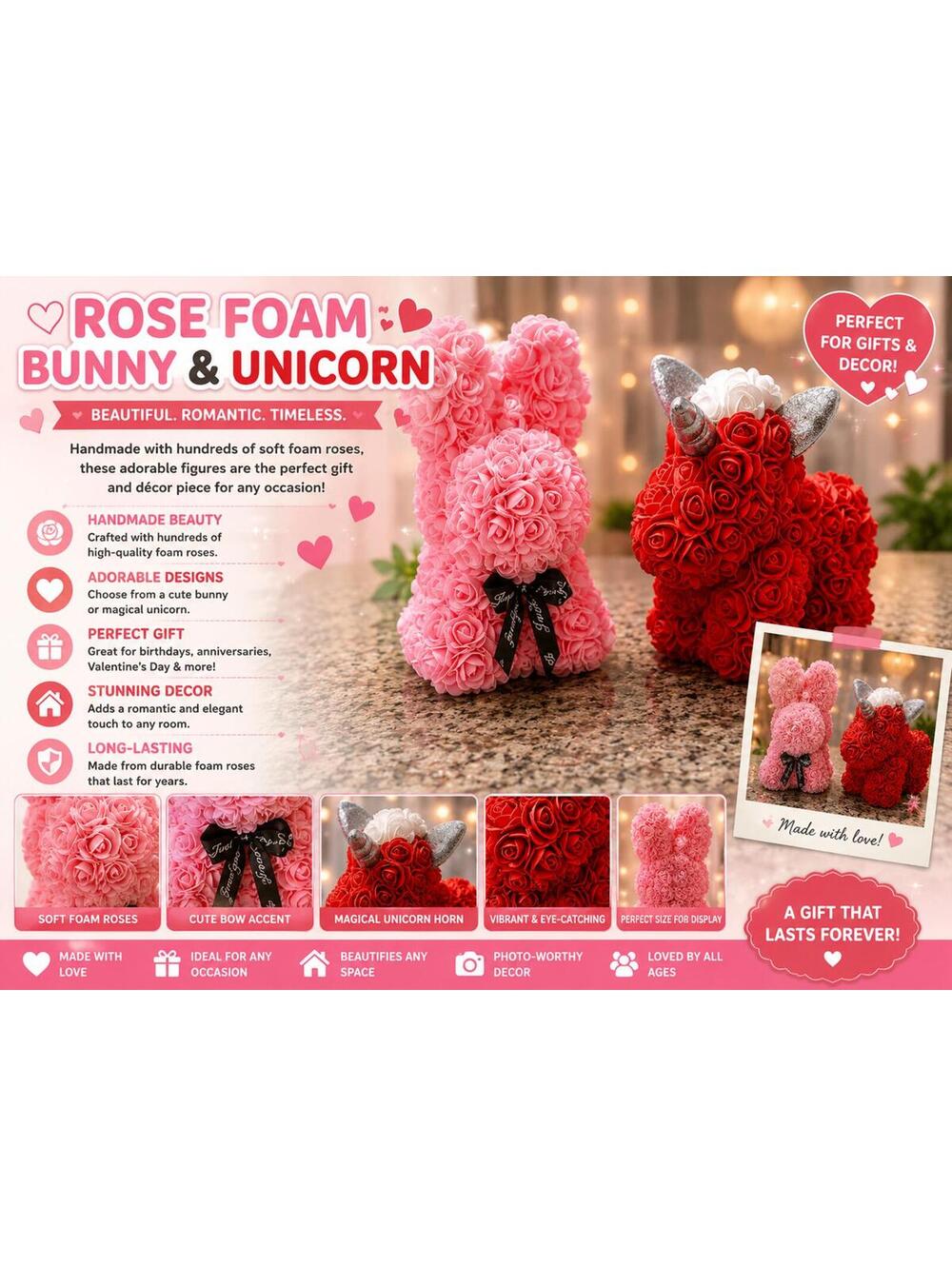 Rose Foam Bunny & Unicorn Décor Set – Handmade Artificial Rose Animal Figures